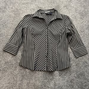 DCC Missy Shirt Womens Large Black White Striped Button Down Stretch Office Top